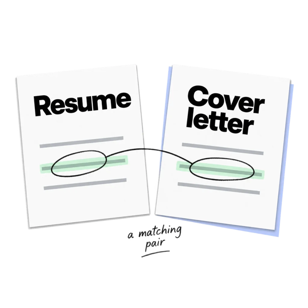 A resume and cover letter share matching highlighted content.